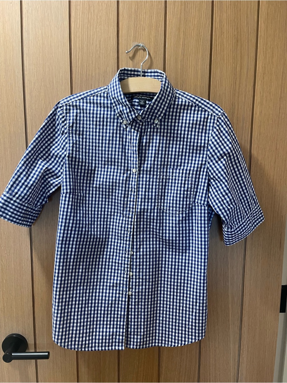 Banana Republic Blue and White Gingham Short-Sleeve Button-Down Shirt